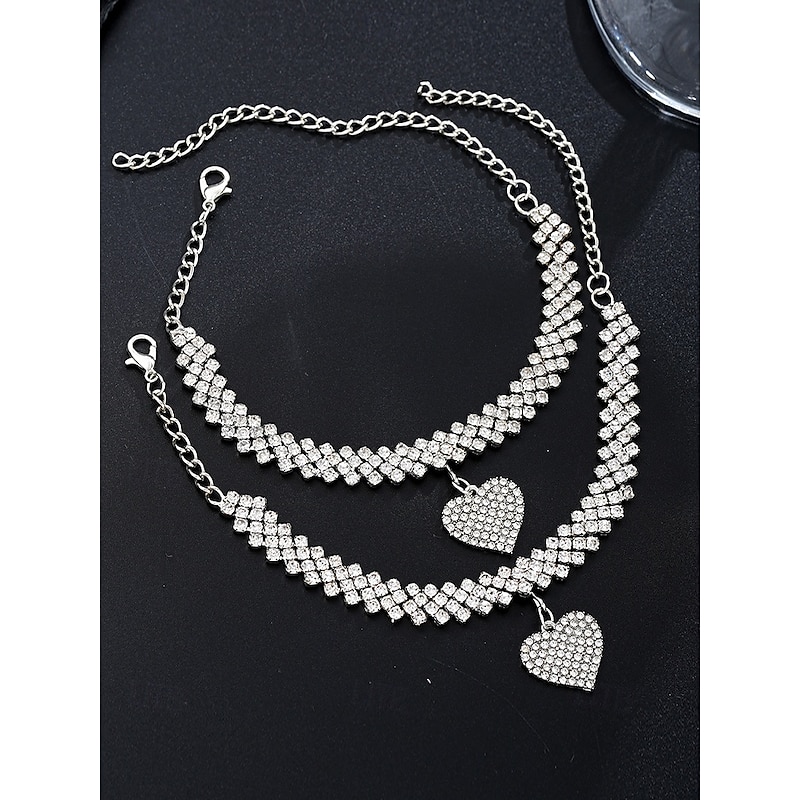 Women's Rhinestone Heart Charm Anklet and Bracelet Set – Sparkly Jewelry for Weddings, Parties and Special Occasions2