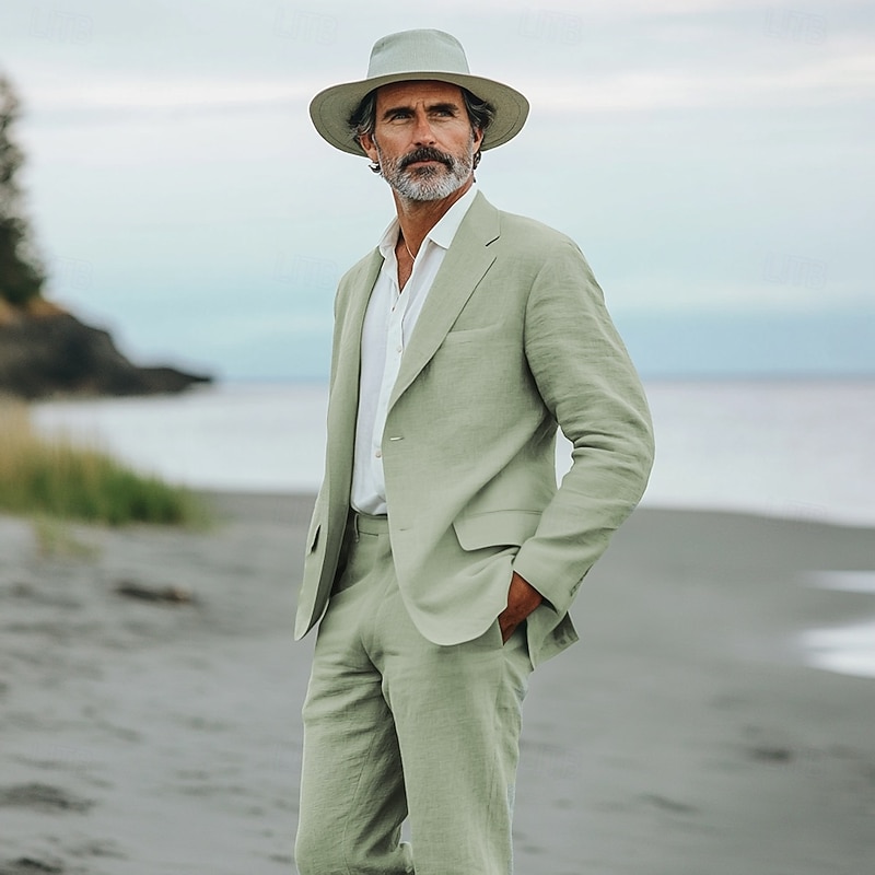 Men's Casual Beach Wedding Linen Suits Notch Lapel Sky Blue Sage Fashion Daily Solid Colored Standard Fit 2 Piece Single Breasted Two-buttons2