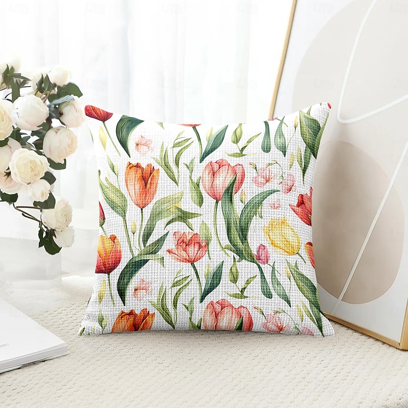Floral Tulips Decorative Toss Pillows Cover 1PC Soft Square Couch Cushion Case Pillowcase for Bedroom Livingroom Sofa Chair