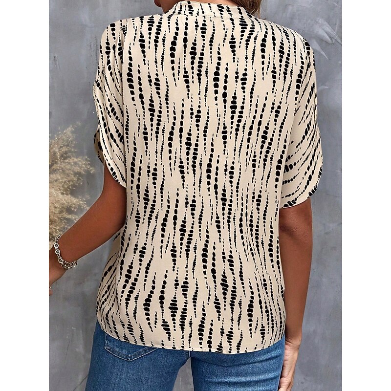 Women's Blouse V Neck Polka Dot Striped Elegant Stylish Beach Short Sleeve Notched Neck Regular Tops Daily Print Khaki Summer2