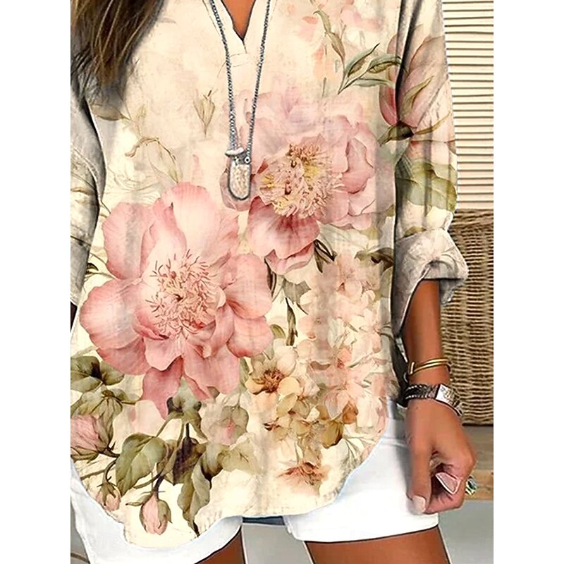 Women's Blouse Tunic V Neck Long Sleeve Boho Casual Tops Floral Basic Regular Tops Daily Buttons Print Apricot3