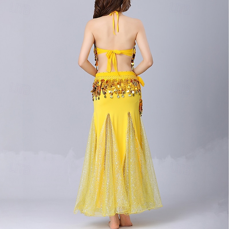 Belly Dance Skirts Gold Coin Pure Color Splicing Women's Performance Training Sleeveless High Polyester3
