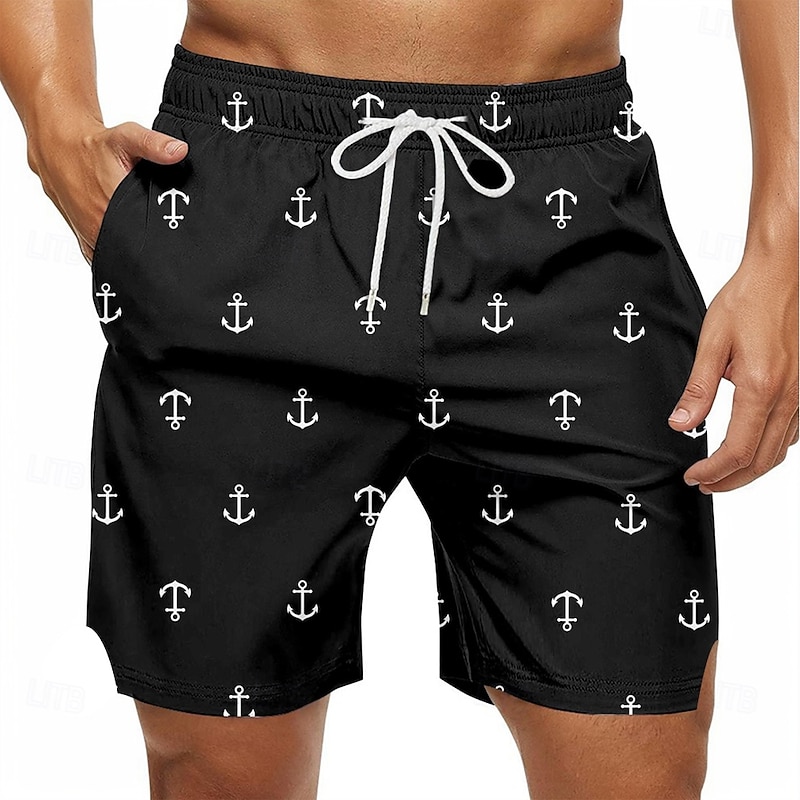 Men's Nautical Anchor Lined Shorts Swim Shorts Board Shorts Mid Waist Hawaiian Vacation Holiday Beach Wear Side Pockets With Compression Liner Elastic Drawstring Waist Designer Clothing Apparel2