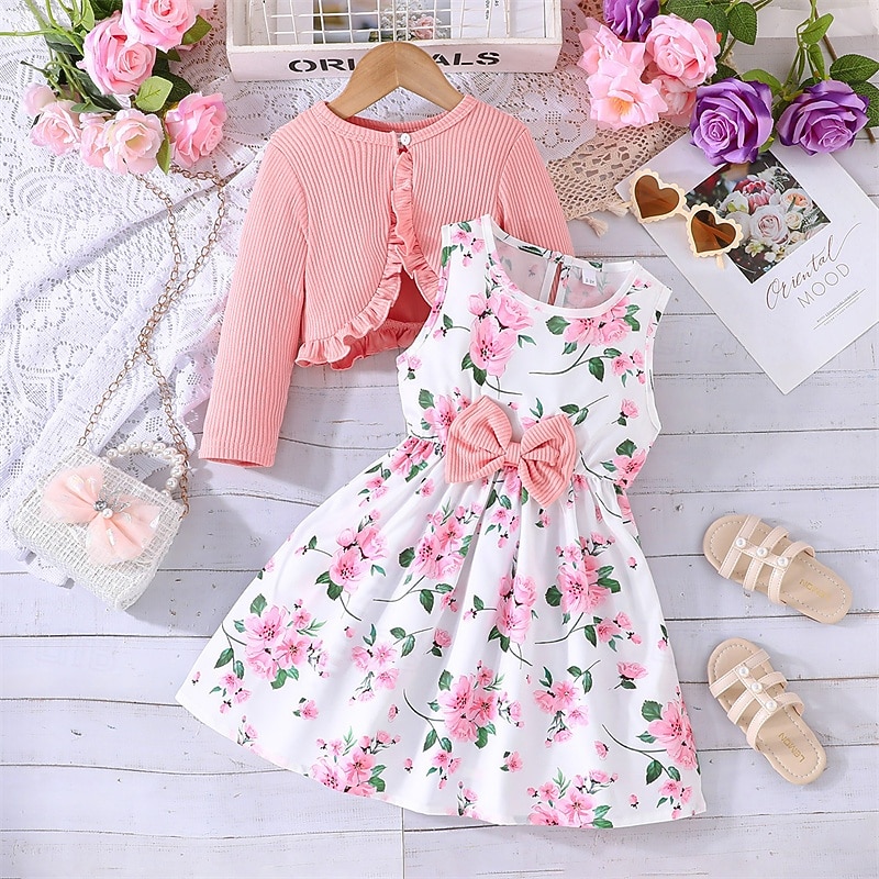 2 Pieces Kids Girls' Floral Tie Knot Dress Suits Set Long Sleeve Fashion School 4 years+ Summer Pink Red Blue