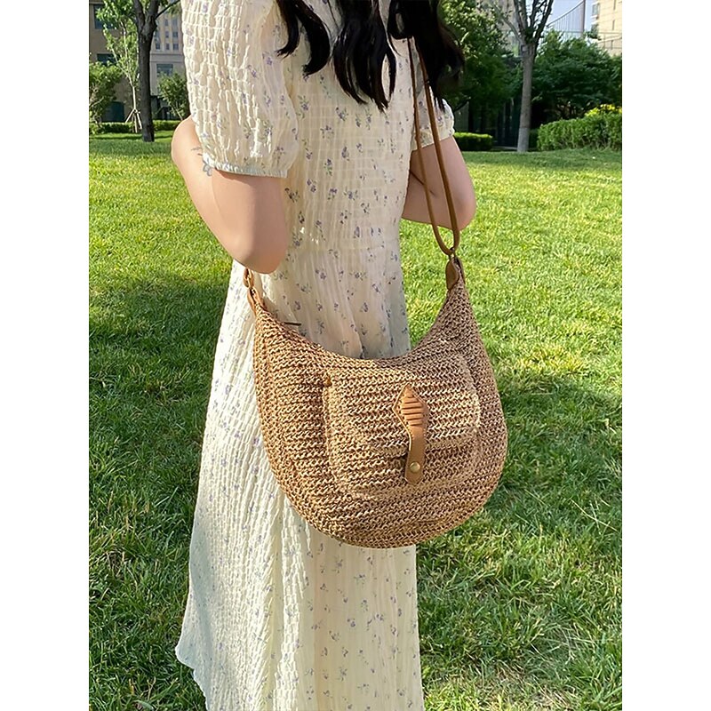 Women's Large Capacity Handmade Woven Straw Saddle Bag Shoulder Bag - Bohemian Crossbody Bag with Front Pocket, Summer Beach Tote Bag, Casual Travel Tote Bag for Vacation, Shopping and Daily Use2