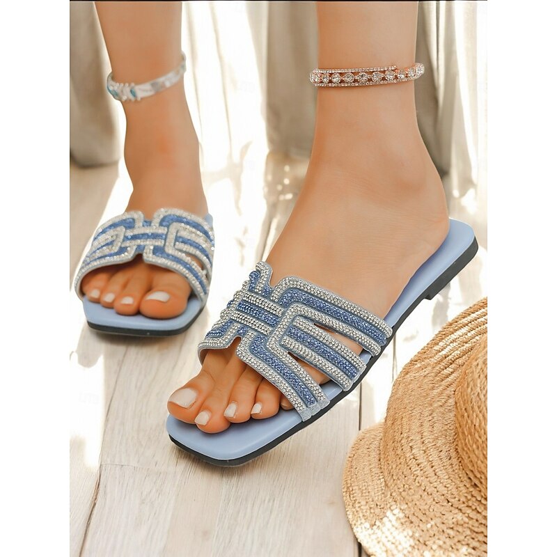 Women's Light Blue Rhinestone Embellished Slide Sandals – Elegant and Comfortable Slip-On Shoes for Summer, Beach, and Casual Outings2