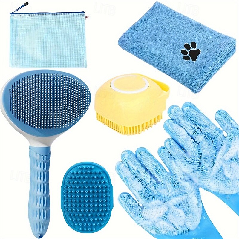 6pcs Dog Bath Brush Kit 6pcs Dog Bath Brush Kit with Towel & Washing Gloves Slicker Hair Grooming Brush for Shedding Shampoo Scrubber for Dogs and Cats
