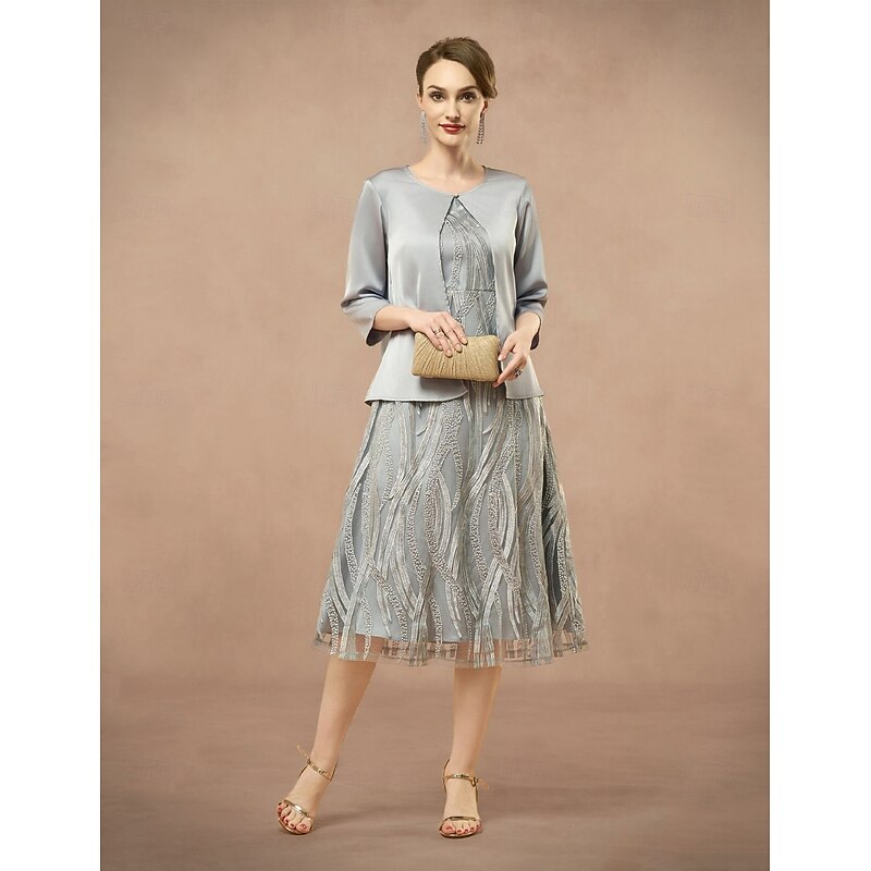 A-Line Mother of the Bride Dress Two Pieces Elegant Jewel Neck Tea Length Lace 3/4 Length Sleeve with Embroidered Lace Applique 20253