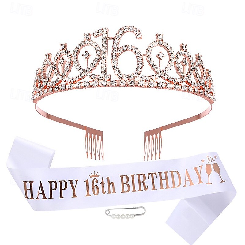 Birthday Party Decoration 3-Pc Set Crown, White Sash & Pearl Pin for Girls and Women Ages 10 to 70 Happy Birthday2
