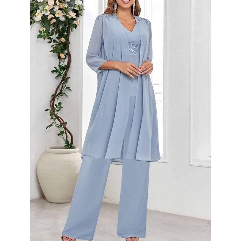 3 Piece Mother of the Bride Dress Wedding Guest Elegant Simple V Neck Floor Length Polyester Long Sleeve with Solid Color2