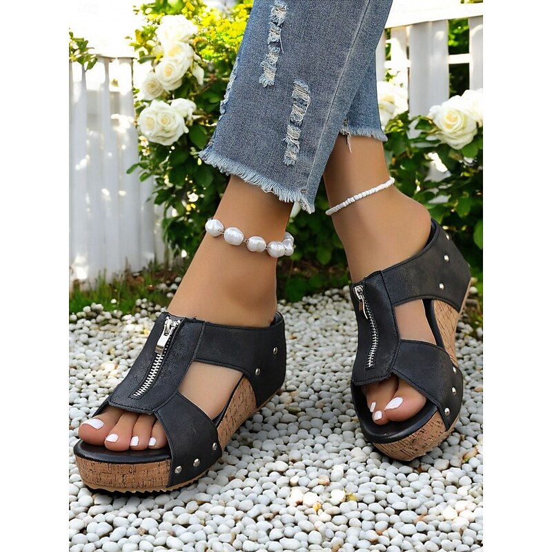 Women's Rivet Wedge Sandals – Peep-Toe Cork Platform Shoes with Zipper Closure for Casual & Summer Wear2