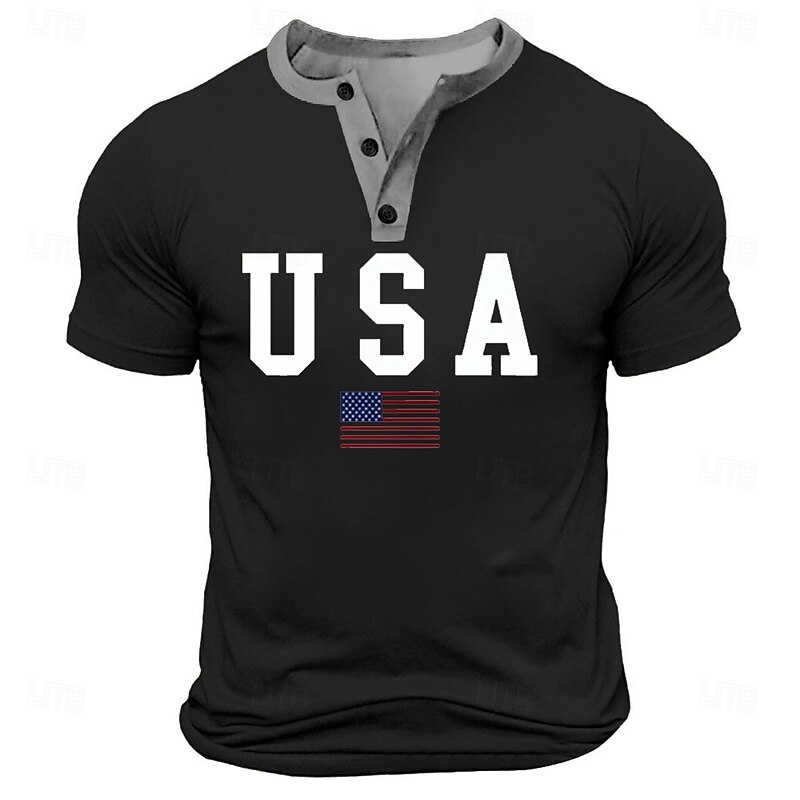 Men's American US Flag USA T Shirt Henley Shirt Short Sleeve Designer Retro Vintage Street Casual Daily Summer Spring Black White Navy Blue Military Green Henley Henley T-Shirt