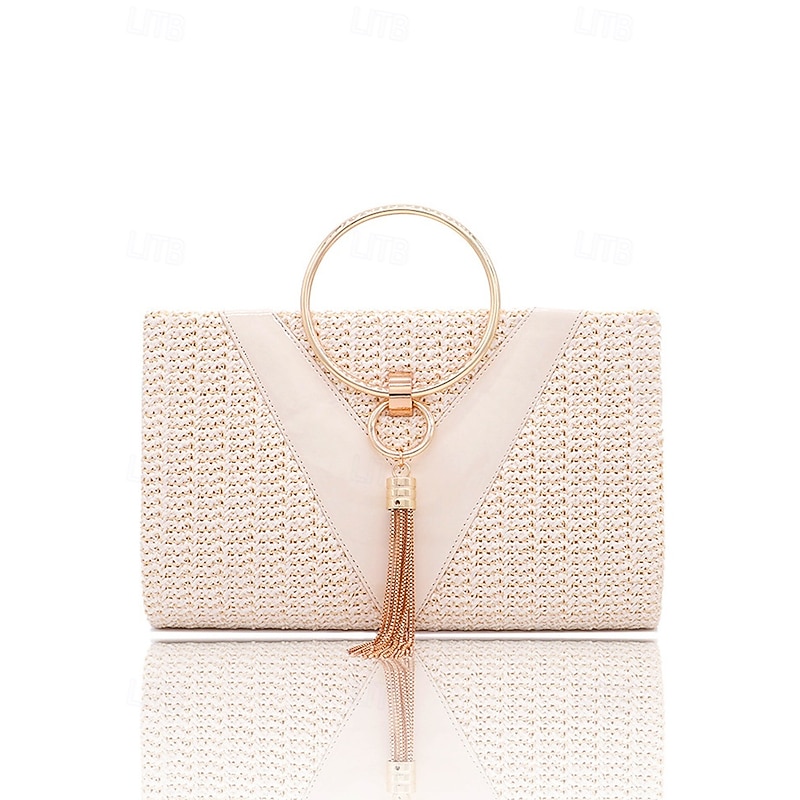 Women's Straw Clutch Purse – Elegant Woven Handbag with Gold Ring Handle & Tassel, Boho Chic Evening Bag for Summer, Beach, Vacation, Wedding & Party4