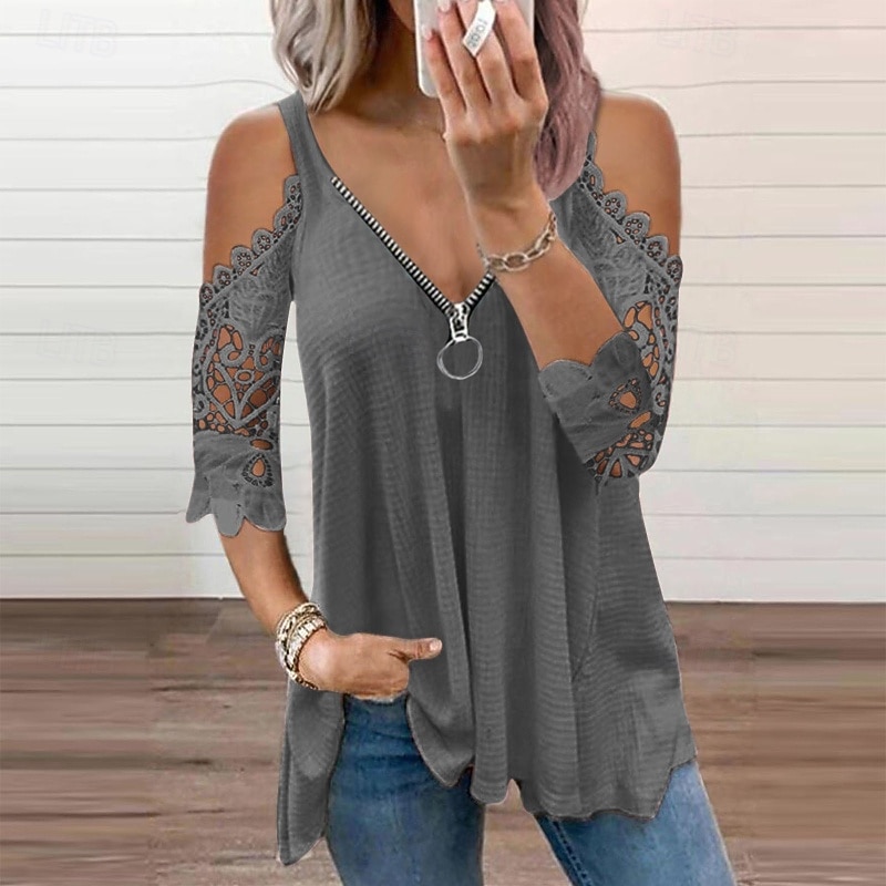 Women's Blouse Plain Modern Casual 3/4 Length Sleeve V Neck Regular Tops Daily Going out Zipper Cut Out Black White Pink Blue Gray Summer4