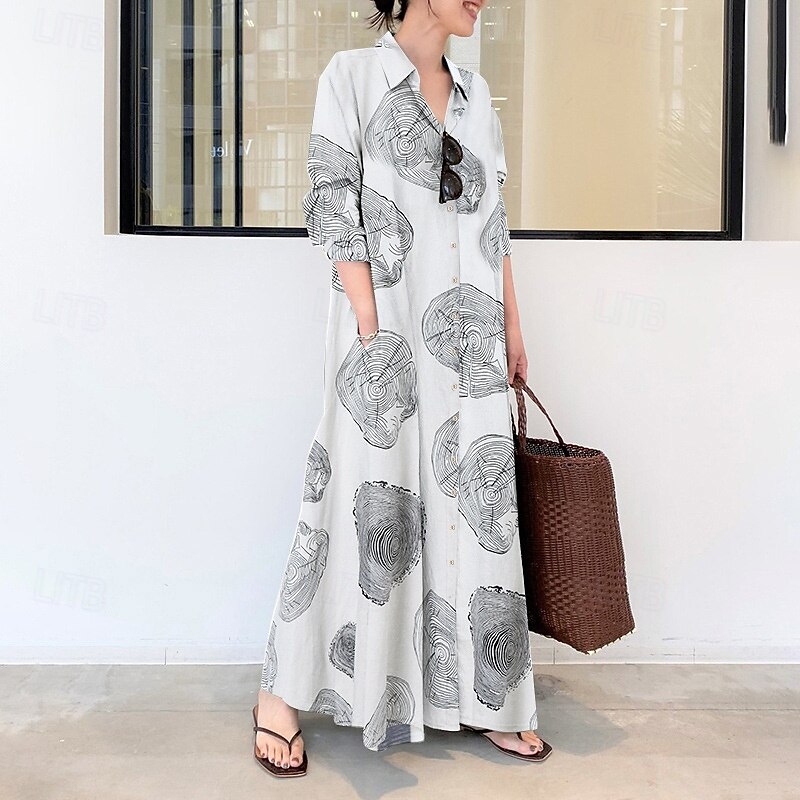 Women's Long Dress Maxi Dress Cotton Linen Dress Print Dress Fashion Daily Weekend Regular Fit Flower Long Sleeve Shirt Collar Black White Yellow Red Summer2