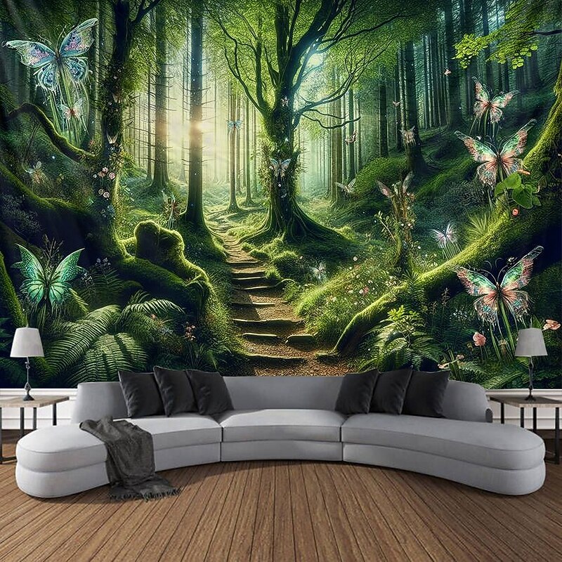 Landscape Forest Butterflies Hanging Tapestry Wall Art Large Tapestry Mural Decor Photograph Backdrop Blanket Curtain Home Bedroom Living Room Decoration2