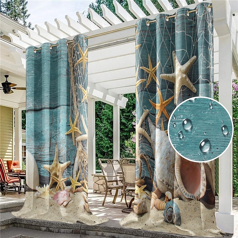 Outdoor Curtains for Patio Waterproof Blackout Outside Deck for Gazebo Pavilion Pergola Arbor Sun Room, 2 Panels, Beach Shells