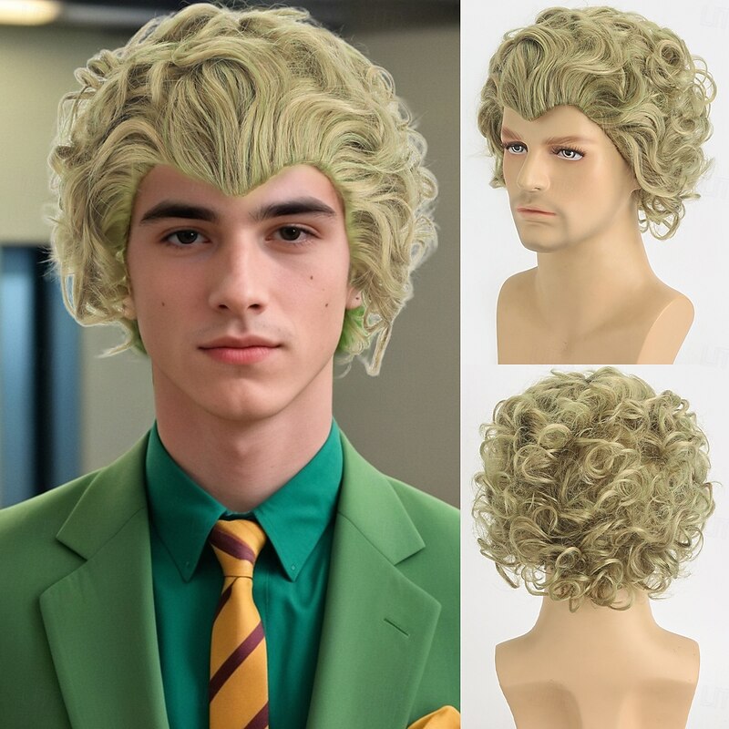 Synthetic Wig Wavy Curly Weave Asymmetrical Neat Bang Machine Made Wig 12 inch A1 Synthetic Hair Men's Classic Comfortable Color Gradient Green Multi-color