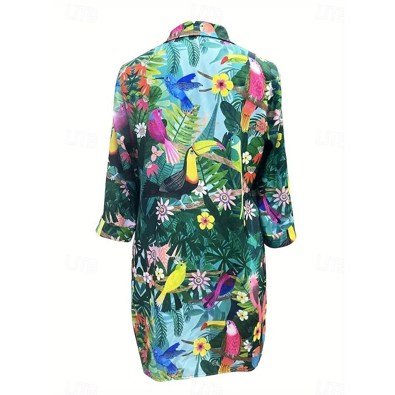 Women's Mini Dress Sundress Vacation Beach Vacation Daily Beach Loose Fit Graphic Tropical Long Sleeve Shirt Collar Green Spring Fall2