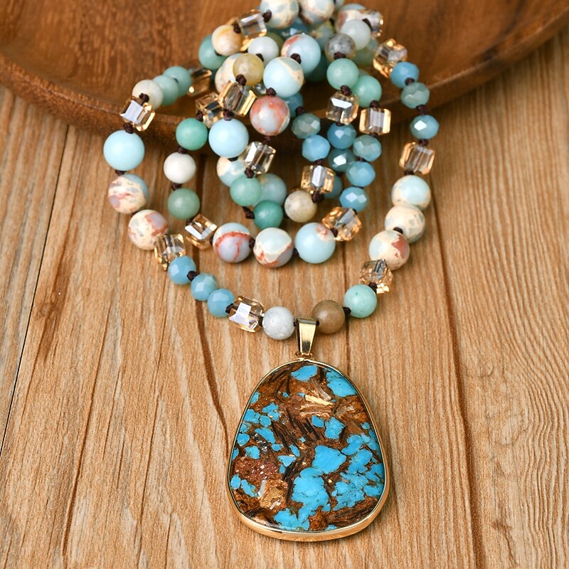 Natural Stone Crystal Glass Knot Necklace - Bohemian Vintage Style Square Imperial Stone Pendant - Women's Sweater Chain3