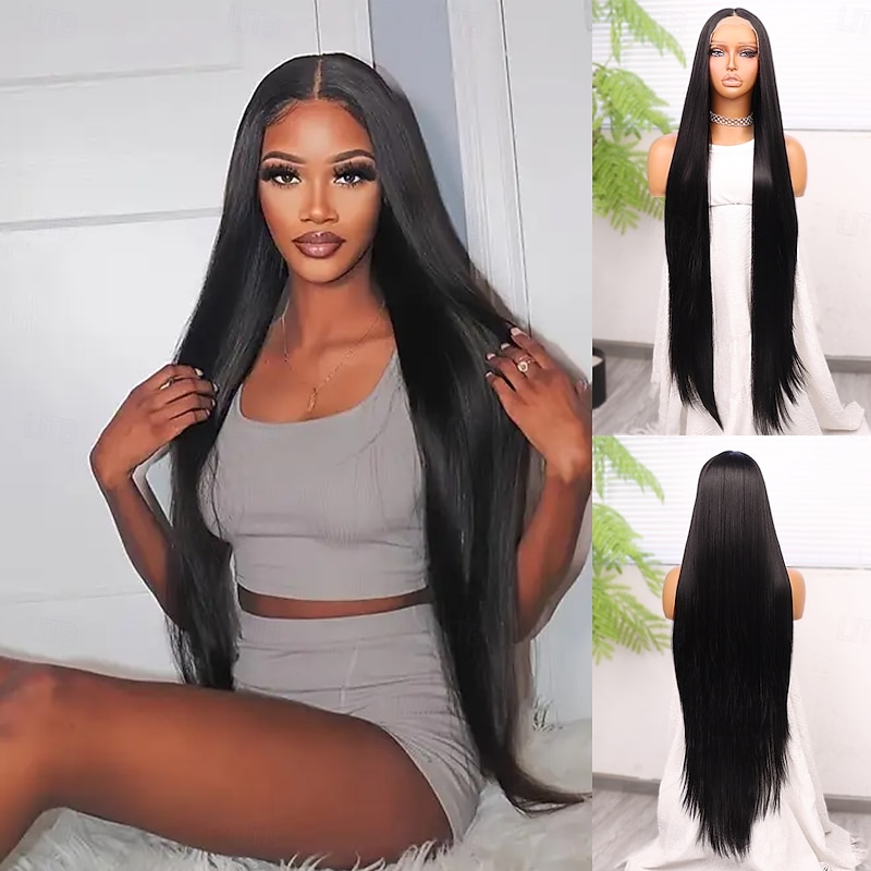 Synthetic Lace Wig Straight Style 38 inch Black Middle Part 13x4x1 T Part Lace Front Wig Women's Wig Black