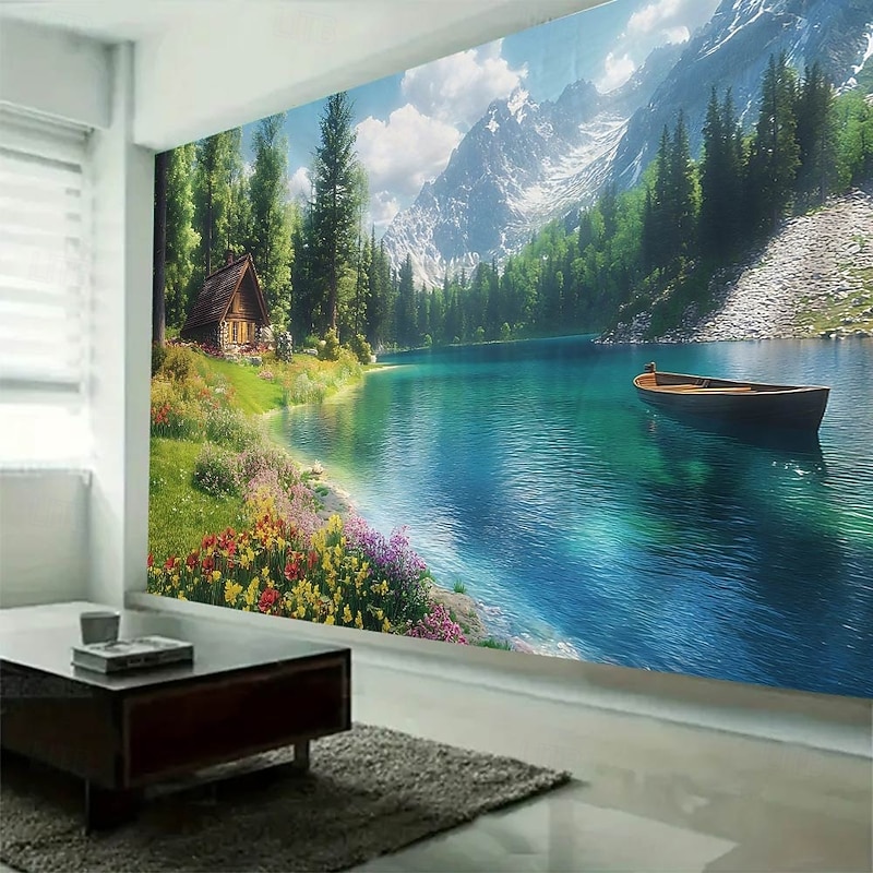 Lake landscape Hanging Tapestry Wall Art Large Tapestry Mural Decor Photograph Backdrop Blanket Curtain Home Bedroom Living Room Decoration2