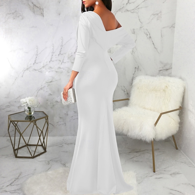 Women's Long Dress Maxi Dress Prom Dress Party Dress Elegant Fashion Party Going out Regular Fit Plain Long Sleeve One Shoulder Black White Wine Summer4