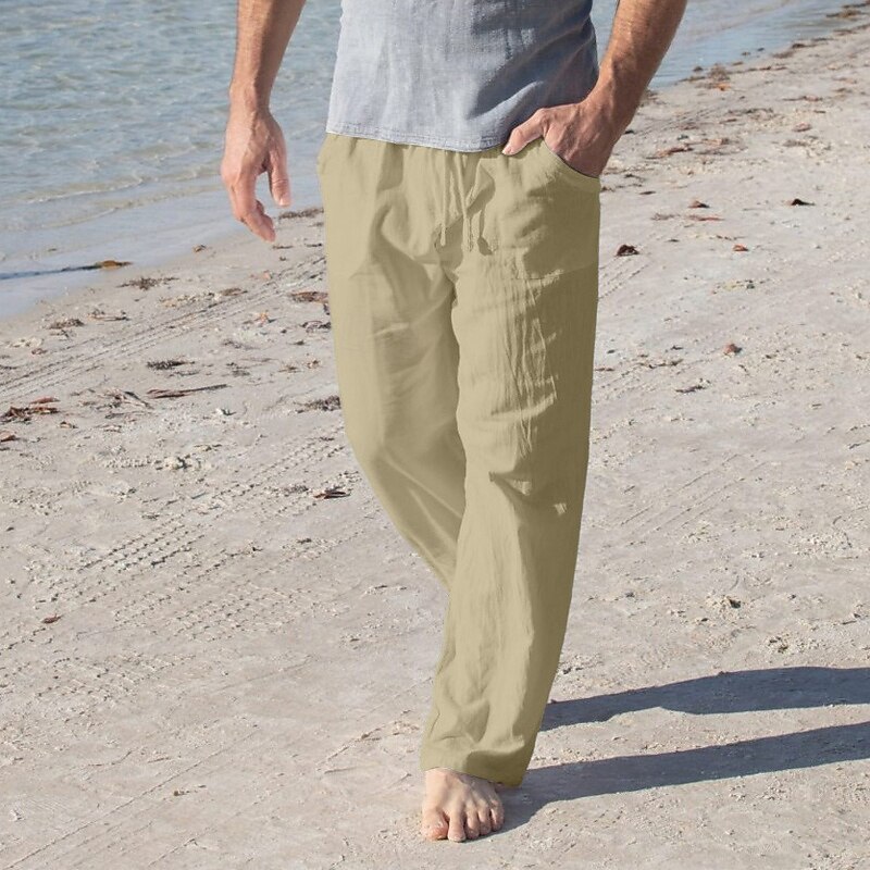 Men's Linen Pants Trousers Summer Pants Baggy Pants Beach Pants Drawstring Front Pocket Straight Leg Plain Comfort Breathable Full Length Yoga Holiday Beach Fashion Hawaiian White Navy Blue4