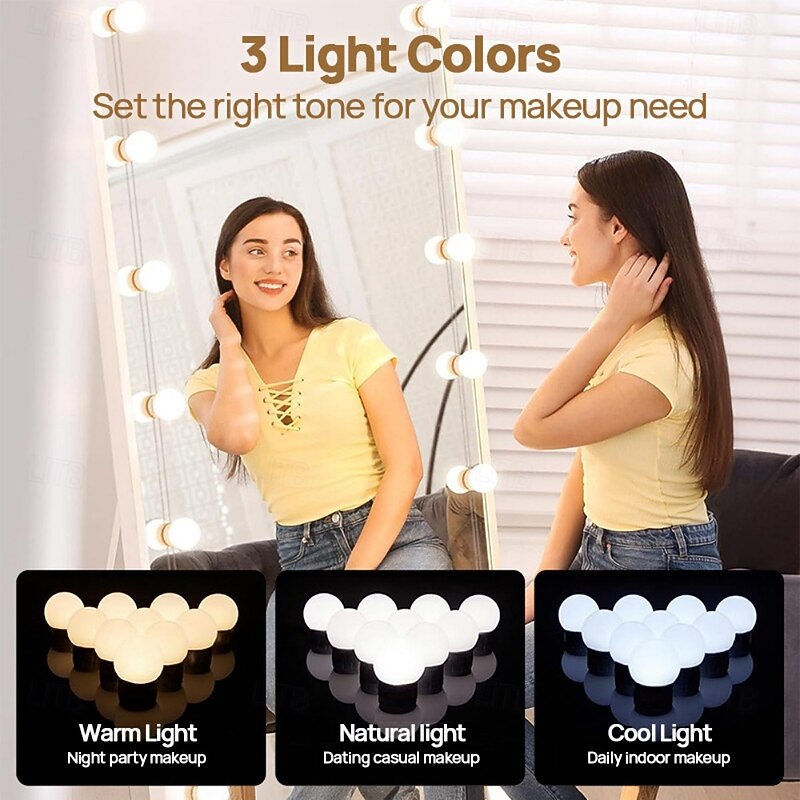 LED String Lights for Mirror Hollywood Style Vanity Lights with 10 bulbs 20 bulbs USB 3 Color Modes Dimmable Makeup Table Light for Dressing Room Bathroom4