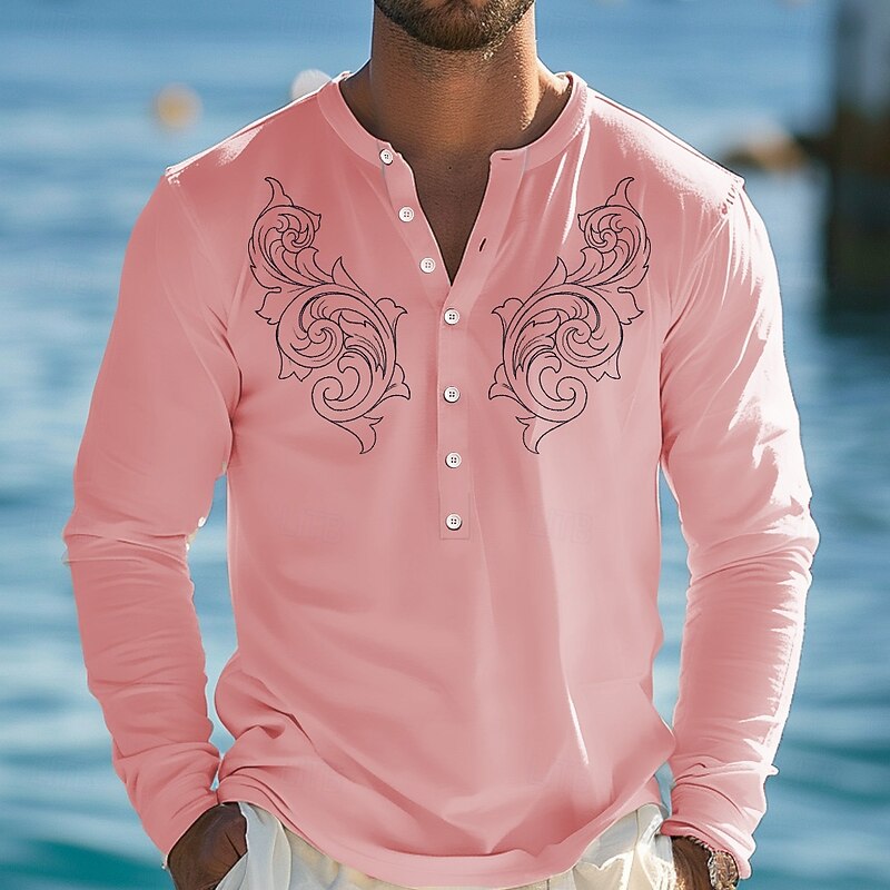 Men's Printed Ethnic T Shirt Henley Shirt Long Sleeve Designer Retro Vintage Casual Street Casual Daily Summer Spring Fall White Pink Blue Henley Henley T-Shirt3