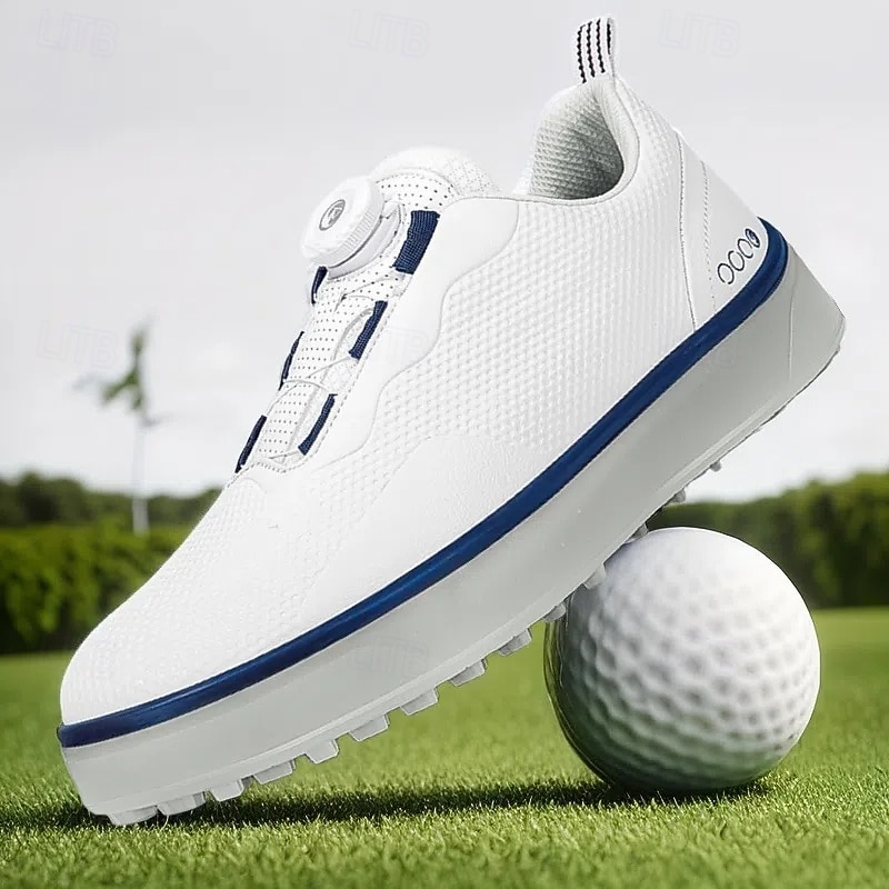 Men's Ultra-Light White Golf Shoes with Blue Accents, Microfiber Material, Comfortable Fit for Pro Golfers2