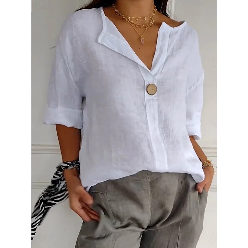 Women's Cotton Linen Mini Dress Shirt Dress Basic Casual Vacation Daily Regular Fit Plain 3/4 Length Sleeve V Neck Black White Red Green Summer