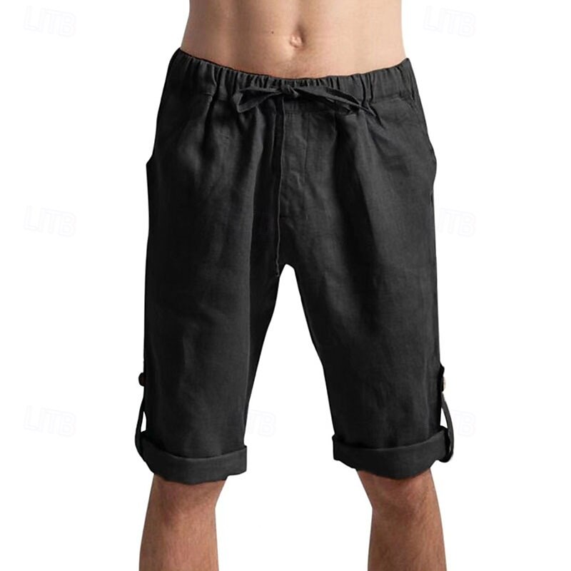 Men's Shorts Linen Shorts Summer Shorts Beach Shorts Pocket Drawstring Elastic Waist Plain Comfort Breathable Knee Length Outdoor Daily Holiday Fashion Hawaiian Black Khaki4