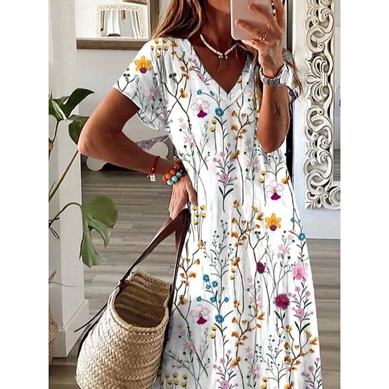 Women's Maxi Dress A Line Dress Summer Dress Elegant Vacation Vacation Daily Regular Fit Floral Graphic Short Sleeve V Neck White Summer Spring Fall2