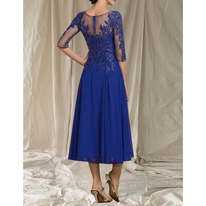 A-Line Mother of the Bride Dress Wedding Guest Elegant Crew Neck Tea Length Chiffon Tulle Half Sleeve with Beading Appliques Midi Dress2