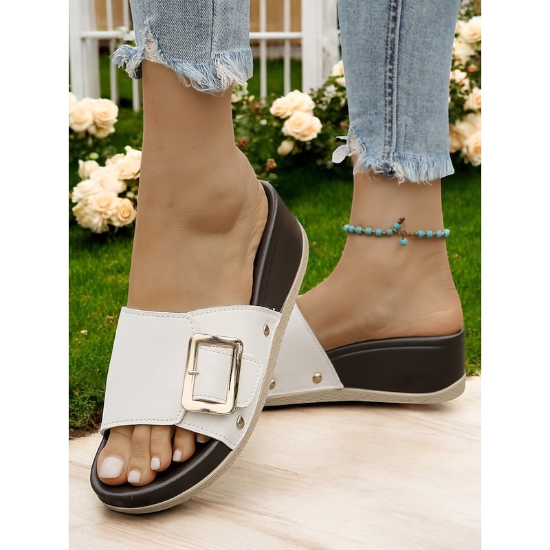Chic Wedge Slide Sandals for Women - Comfortable Casual Wear with Stylish Buckle and Rivet Details, Perfect for Leisure or Weekend Outings