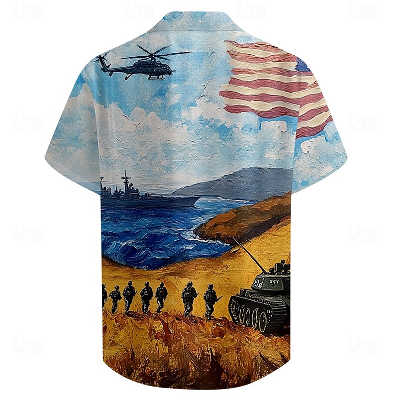 Men's American US Flag Veterans Patriotic Shirt Casual Shirt Cuban Collar Shirt Short Sleeve Army Militray Holiday Streetwear Summer Spring Camp Collar Shirt 3D Print Light Blue