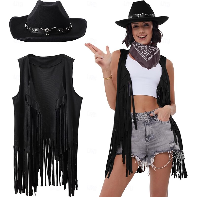 Western Outfits for Women Cowgirl Tassel Sleeveless Vest Cowboy Hat and Paisley Bandana2