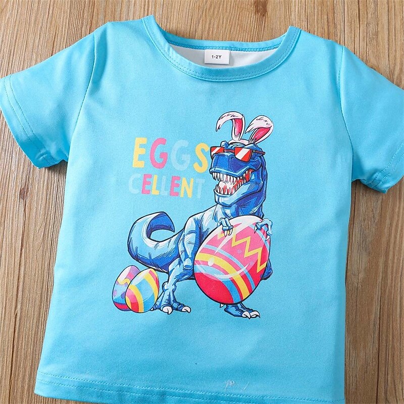 2 Pieces Kids Boys Easter Suit T-shirt & Shorts Clothing Set Outfit Dinosaur Short Sleeve Crewneck Set Outdoor Sports Fashion Summer 4 years+ Sky Blue3