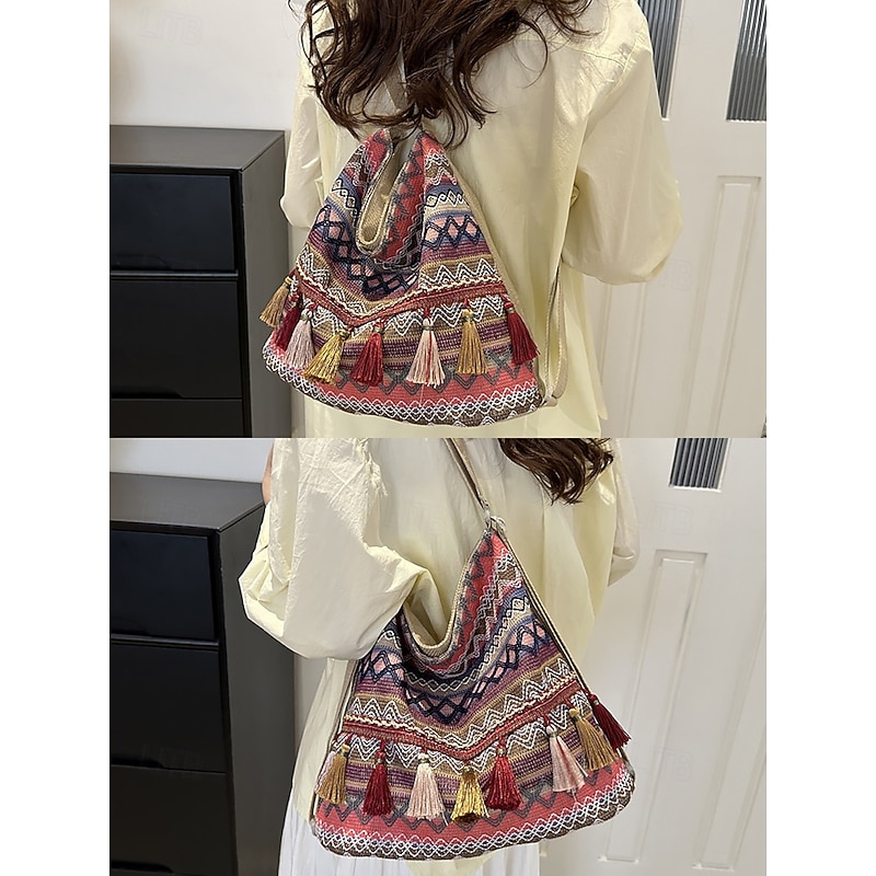 Women's Bohemian Ethnic Embroidery Tassel Shoulder Bag - Multiple carrying methods, can be used as a backpack, suitable for casual travel, festivals and daily wear4
