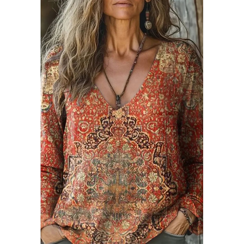 Women's Linen-Inspired Shirts T Shirt Floral Fashion Casual Long Sleeve V Neck Regular Tops Daily Going out Print Red Orange Brown Green Summer4