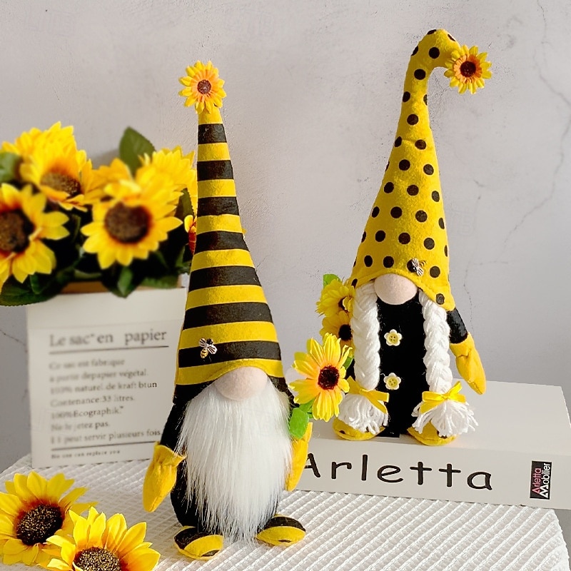 Bee Day Gnome Gift Decoration Long Hat Polka Dot & Striped Faceless Doll with Dwarf, Cute Bee Fairy and Sunflower Doll Figurine for Couple's Decor4