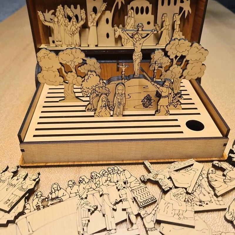 Family Easter Holy Week Gift, Easter Resurrection Scene Decor, Wooden Holy Week Book Playset, Handmade Vintage Easter Decor, Easter Decorations for Home, Religious Educational Book Kit3