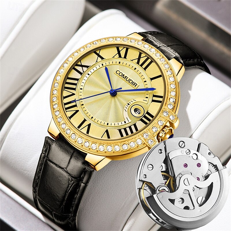 Women Men Quartz Watch Luxury Fashion Rhinestone Business Hollow Skeleton Luminous Calendar Waterproof Leather Stainless Steel Strap Watch3