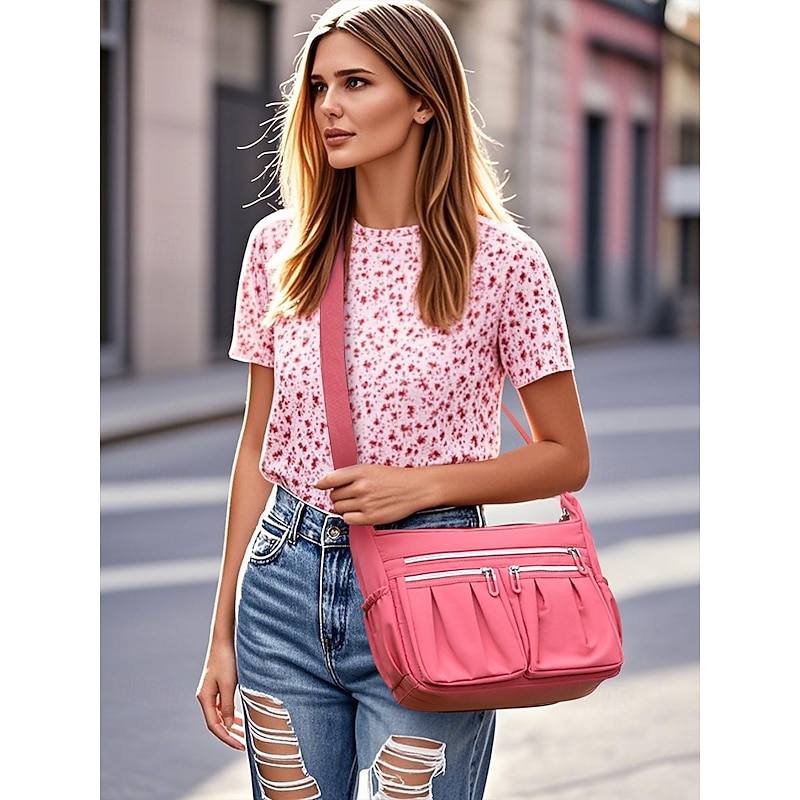 Women's Multi-Pocket Shoulder Bag – Lightweight Waterproof Nylon Crossbody Purse with Zipper Closure for Travel, Work and Daily Use Pink purple Black2