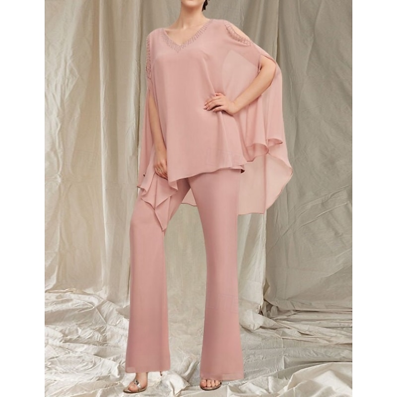 Pantsuit Mother of the Bride Dress Wedding Guest Elegant V Neck Floor Length Chiffon Long Sleeve with Beading Cascading Ruffles3