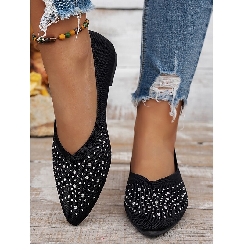 Women's Flyknit Rhinestone Pointed-Toe Flats - Elegant Sparkly Slip-On Shoes for Special Occasions & Daily Wear3