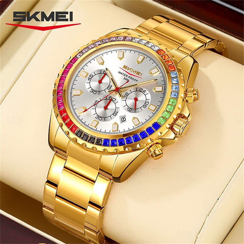 SKMEI Men's Watch with Diamond Studded Rainbow Circle Three Eye Six Pin Multifunctional Quartz Watch2