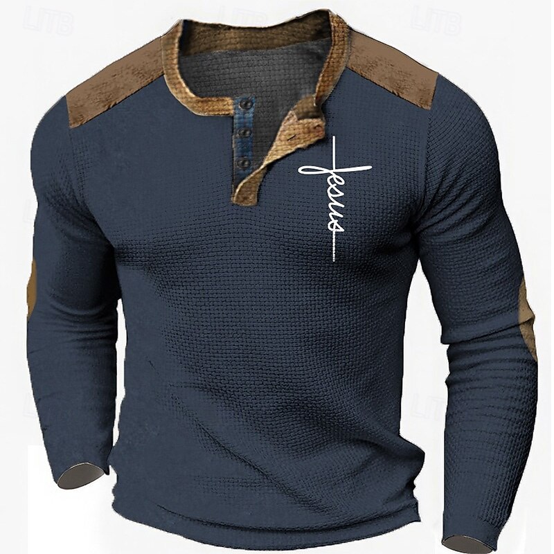 Men's Graphic Faith Henley Shirt Waffle T Shirt Long Sleeve 3D Print Fashion Designer Casual Sports Outdoor Holiday Festival Spring &  Fall Black Navy Blue Khaki Dark Blue Henley Henley T-Shirt