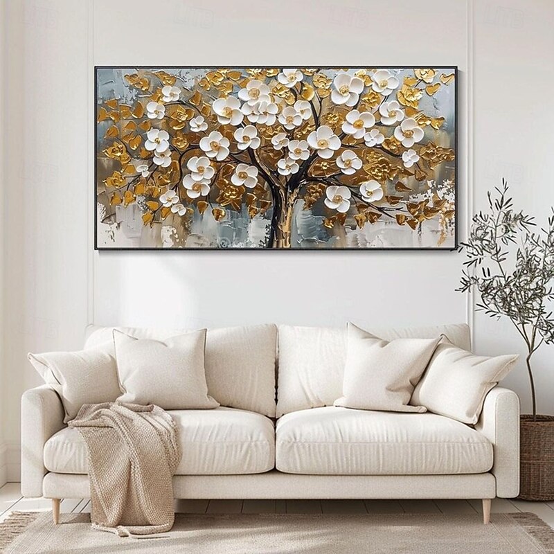 3D Textured gold oil painitng hand painted Wall Art Gold Foil Painting Trees Art painitng handmade  Gold White Blooming Tower Tree Painting On Canvas for Living Room Art Natural Painting bedroom art3